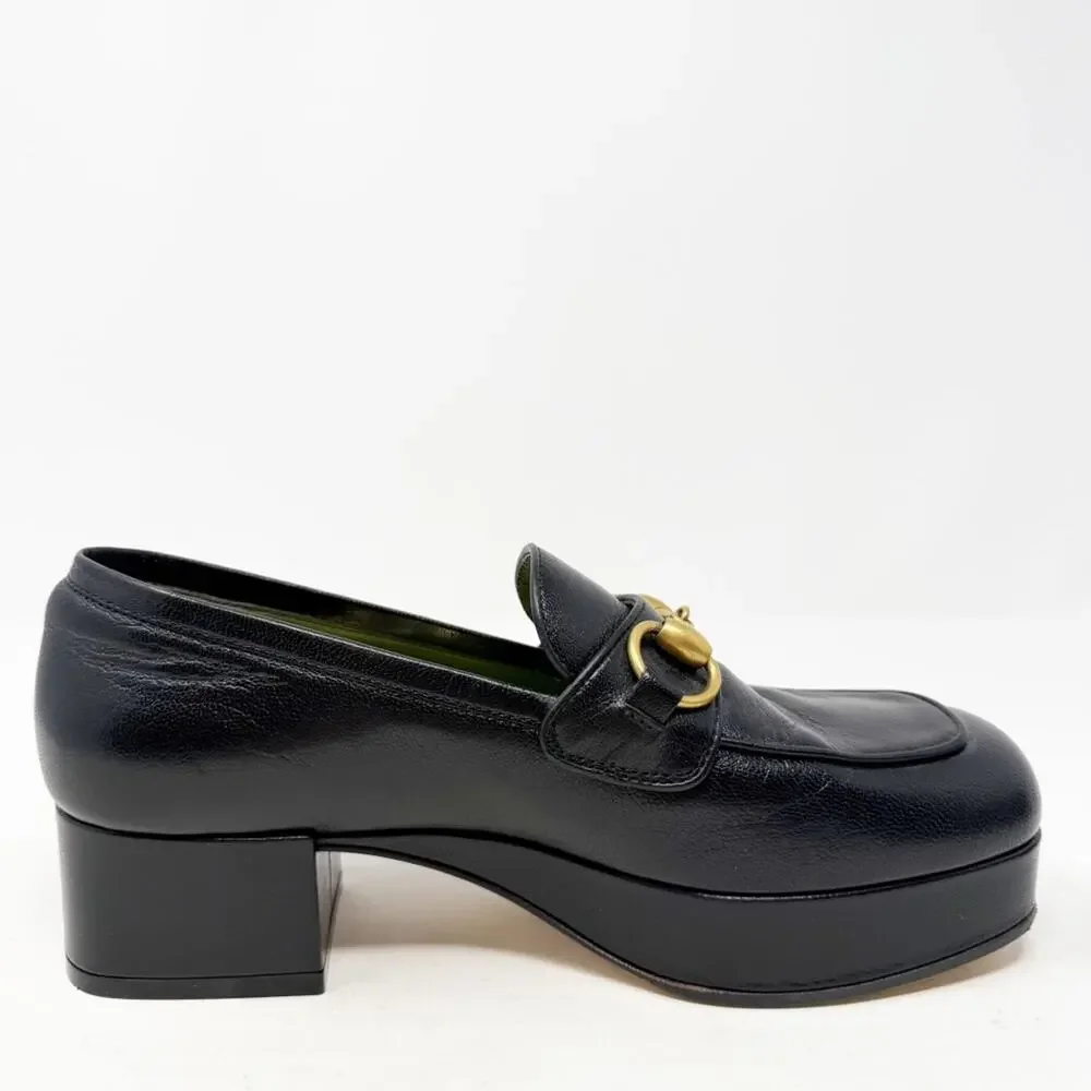 Gucci Houdan Horsebit Platform Loafers Black Leather Womens Size EU 36